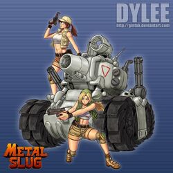  2girls bad_id bad_pixiv_id blonde_hair blue_eyes breasts brown_hair caterpillar_tracks crop_top dylee fio_germi glasses green_eyes gun handgun kasamoto_eri metal_slug military military_vehicle motor_vehicle multiple_girls ponytail snk sv001_(metal_slug) tank watermark weapon web_address 