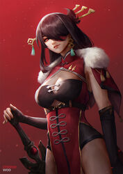  artist_name artstation_username beidou_(genshin_impact) black_leotard breasts brown_hair capelet cheesewoo chinese_clothes cleavage cowboy_shot earrings elbow_gloves eyepatch eyeshadow female fingerless_gloves fur_trim genshin_impact gloves hair_ornament hair_over_one_eye hair_stick hand_on_hilt highres jewelry large_breasts leotard lips long_hair looking_at_viewer makeup pelvic_curtain red_background red_eyes solo sword tassel tassel_earrings weapon 