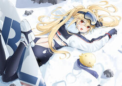  :d azur_lane bandaid bandaid_on_face black_bodysuit black_gloves blonde_hair bluecher_(azur_lane) bluecher_(high-altitude_head_over_heels)_(azur_lane) bodysuit cropped_jacket fake_tail feet_up female from_above fur_trim gloves goggles goggles_on_head jacket long_hair long_sleeves looking_at_viewer looking_back lying manjuu_(azur_lane) median_furrow multicolored_clothes multicolored_jacket oerba_yun_fang official_alternate_costume on_stomach outdoors qing_wu rabbit_tail red_eyes smile snow snowboard solo tail twintails white_footwear white_jacket 