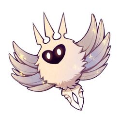  bug chibi commentary crown female flying full_body hollow_knight looking_at_viewer lowres moth no_humans radiance_(hollow_knight) simple_background solo sparkle ugly_cat white_background wings 