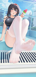  :o absurdres arm_support bangs bare_arms black_hair black_one-piece_swimsuit blue_eyes blush breasts crossed_legs diagonal_stripes drain_(object) feet female fence food foot_focus foreshortening fukuro_daizi hairband highres holding holding_food kayoko_(fukuro_daizi) lane_line large_breasts long_hair looking_at_viewer mole mole_under_eye multicolored_clothes multicolored_swimsuit one-piece_swimsuit open_mouth original outdoors presenting_foot red_hairband see-through see-through_legwear sidelocks signature sitting solo striped sunlight swimsuit thighhighs thighs tile_floor tiles toes twitter_username white_thighhighs 