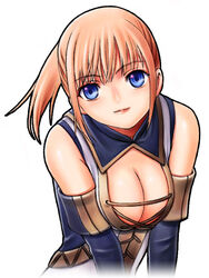  adventurer_(ff11) bare_shoulders blonde_hair blue_eyes breasts breasts_squeezed_together cleavage closed_mouth crossed_bangs female final_fantasy final_fantasy_xi hume medium_breasts pink_lips ponytail ringed_eyes short_hair simple_background smile solo split_mouth taisai_soft upper_body white_background 