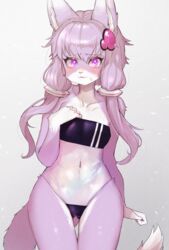  absurdres animal_ear_fluff animal_ears ass_visible_through_thighs body_fur commentary female fox_ears fox_girl fox_tail furrification furry furry_female gris_swimsuit hair_ornament hand_on_own_chest highres long_hair meme_attire navel one-piece_swimsuit onikuman pink_eyes purple_hair see-through solo swimsuit tail thigh_gap thighs voiceroid yuzuki_yukari 