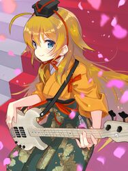  angel_beats! bass_guitar blonde_hair blue_eyes cherry_blossoms commentary_request female green_hakama guitar hakama hakama_skirt hat highres instrument japanese_clothes kimono long_hair looking_at_viewer miyoshino orange_kimono petals print_hakama red_carpet sekine_shiori skirt solo tokin_hat 