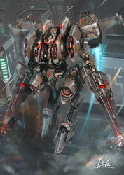  city dual_wielding extra_eyes flying glowing glowing_eyes gun highres holding holding_gun holding_weapon hukutuuprunes looking_ahead mecha mechanical_wings no_humans original realistic red_eyes robot science_fiction signature solo thrusters weapon wings 