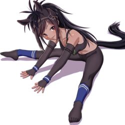  animal_ears black_hair black_pantyhose black_sports_bra breasts brown_eyes brown_thoroughbred_(kemono_friends) cleavage commentary_request dark-skinned_female dark_skin elbow_gloves extra_ears feet female fingerless_gloves flexible gloves horse_ears horse_girl horse_tail kemono_friends leaning_forward legs legs_apart long_hair looking_at_viewer navel no_shoes pantyhose ponytail see-through simple_background sitting smile solo special_cat sports_bra spread_legs stretching tail thighs toes white_background wristband 