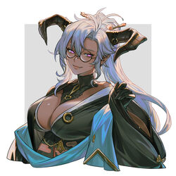  between_breasts black_gloves breasts closed_mouth cropped_torso dark-skinned_female dark_skin fediel_(granblue_fantasy) fediel_(soul_soother&#039;s_finery)_(granblue_fantasy) female glasses gloves granblue_fantasy grey_background hand_up highres horns large_breasts long_hair long_sleeves looking_at_viewer oerba_yun_fang official_alternate_costume outside_border pointy_ears ponytail purple_eyes round_eyewear solo tekki_(tki) white_hair 