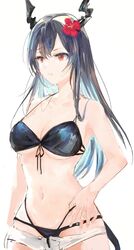  arknights bikini black_bikini blue_hair breasts ch&#039;en_(arknights) ch&#039;en_the_holungday_(arknights) ch&#039;en_the_holungday_(elite_ii)_(arknights) cowboy_shot dragon_girl dragon_horns dragon_tail female flower hair_between_eyes hair_flower hair_ornament horns long_hair looking_afar medium_breasts micro_shorts navel official_alternate_costume red_eyes red_flower shorts simple_background solo swimsuit tail wataichi_meko white_background white_shorts 