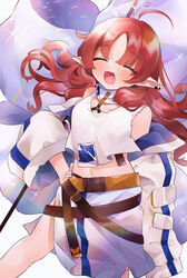  absurdres ahoge arknights closed_eyes ear_piercing female flag hand_on_own_hip highres jacket long_hair long_sleeves myrtle_(arknights) navel open_clothes open_jacket open_mouth piercing pointy_ears red_hair simple_background skirt smile solo takumi_mizuki tank_top white_background white_flag white_jacket white_skirt white_tank_top 