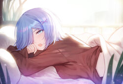  absurdres blue_eyes blue_hair blush breasts commentary female from_side gya_(144) hair_ornament hair_over_one_eye highres long_sleeves looking_at_viewer lying medium_breasts on_stomach open_mouth pajamas photoshop_(medium) re:zero_kara_hajimeru_isekai_seikatsu red_pajamas rem_(re:zero) short_hair solo upper_body x_hair_ornament 