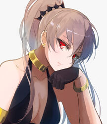  absurdres azur_lane backless_dress backless_outfit bare_shoulders black_dress black_gloves breasts brown_hair center_opening cleavage cocktail_dress collarbone commentary_request dress earrings evening_gown female gloves gold_bracelet gold_choker graphite_(medium) hair_ornament halter_dress halterneck head_rest high_ponytail highres jean_bart_(azur_lane) jean_bart_(uninhibited_bloodstone)_(azur_lane) jewelry looking_to_the_side masanobu_(wgzc2-5freedom2) medium_breasts official_alternate_costume red_eyes sideways_glance simple_background sleeveless sleeveless_dress solo traditional_media upper_body white_background 