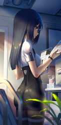  alice_gear_aegis ass black_hair bodysuit eyebrows_hidden_by_hair female from_behind from_side glasses highres holding holding_paper holding_tablet_pc leggings long_hair looking_down momoshina_fumika paper pinakes plant purple_eyes sidelocks solo tablet_pc thigh_strap 