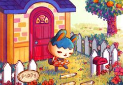  animal_crossing animal_ears character_name closed_eyes commentary_request dress female flower food fruit grass house leaf open_mouth orange_(fruit) pippy_(animal_crossing) rabbit rabbit_ears rabbit_tail shwippie solo tail tree 