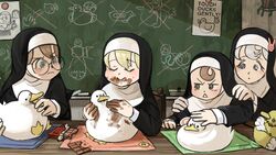  4girls banana bird bite_mark black_eyes blonde_hair blue_eyes board_eraser brown_eyes brown_hair bunny_nun_(diva) candy chair chalk chalkboard chicken chocolate closed_eyes clumsy_nun_(diva) commentary dirty dirty_hands diva_(hyxpk) drawing duck eating english_commentary english_text food food_on_face froggy_nun_(diva) frown fruit glasses glasses_nun_(diva) grey_hair habit hair_ornament hand_on_another&#039;s_face hand_on_another&#039;s_neck hand_on_another&#039;s_shoulder handkerchief hanging_plant headpat highres holding holding_candy holding_food holding_lollipop licking little_nuns_(diva) lollipop long_sleeves magnet multiple_girls neck_grab nun open_mouth out_of_frame plant poster_(object) potted_plant pressing rabbit_hair_ornament riding shadow shoe_print staring stuffed_animal stuffed_duck stuffed_toy stuffing table throwing tongue tongue_out torn traditional_nun triangle_mouth wooden_table x 