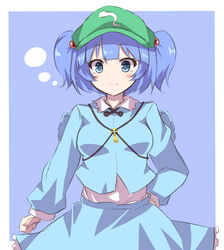  blue_background blue_eyes blue_hair blue_shirt blue_skirt blush border breasts female green_headwear kawashiro_nitori key kou89 long_sleeves shirt short_hair skirt small_breasts smile solo touhou white_border 