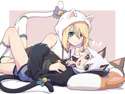  2boys animal_ears animal_hood azuma_yukihiko bell black_hoodie blonde_hair blue_eyes brown_hoodie cat_boy cat_ears cat_hood cat_tail cross-laced_clothes cross-laced_sleeves detached_sleeves genis_sage highres hood hoodie jingle_bell long_sleeves looking_at_viewer lying male_focus medium_hair mithos_yggdrasill multiple_boys oerba_yun_fang on_back otoko_no_ko pillow tail tail_ornament tales_of_(series) tales_of_symphonia white_hair yaoi 