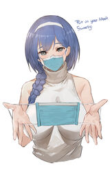  bangs black_eyes blue_hair blush braid breasts cropped_torso dp-12_(girls_frontline) english_text eyebrows_visible_through_hair female girls_frontline hairband highres large_breasts mask mouth_mask pandea_work shirt simple_background single_braid sleeveless sleeveless_shirt smile solo surgical_mask white_background white_hairband white_shirt 