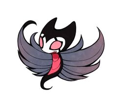  commentary flying full_body grimmchild hollow_knight looking_at_viewer lowres no_humans open_mouth red_eyes simple_background solo ugly_cat white_background wings 