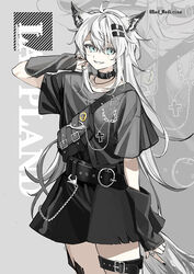  alternate_costume animal_ears arknights bad_id bad_pixiv_id bag belt black_belt black_choker black_nails black_shirt black_skirt black_sleeves character_name choker collarbone commentary cowboy_shot cross cross_necklace detached_sleeves female grey_background grey_eyes grey_hair grin hair_ornament hairclip hand_up jewelry lappland_(arknights) looking_at_viewer material_growth nail_polish necklace oripathy_lesion_(arknights) red_medicine shirt short_hair shoulder_bag skirt skull_ring smile solo tail thigh_strap twitter_username wolf_ears wolf_girl wolf_tail zoom_layer 