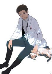  1boy aged_up belt bigur black_belt black_footwear black_pants blue_eyes closed_mouth coat commentary doctor evangelion:_3.0+1.0_thrice_upon_a_time feline highres long_sleeves male_focus neon_genesis_evangelion pants petting rebuild_of_evangelion shirt shoes sitting smile solo suzuhara_touji veterinarian white_coat white_shirt 