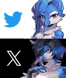  2023 anthro avian beak before_and_after bird black_background blue_body feathers female looking_at_viewer meme multicolored_body nonoka917 portrait simple_background solo tweetfur twitter twitter_bird twitter_logo white_background white_body x_(social_media) x_corporation 