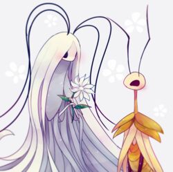  2girls blush bug couple flower grey_mourner hollow_knight masyu_ori multiple_girls no_humans praying_mantis traitor&#039;s_child white_flower 