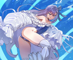  :q bare_shoulders black_choker blue_swimsuit bow_(bhp) choker fate/grand_order fate_(series) female highleg highleg_swimsuit long_hair looking_at_viewer meltryllis meltryllis_(swimsuit_lancer)_(fate) off_shoulder one-piece_swimsuit purple_hair smile solo swimsuit thighhighs tongue tongue_out white_legwear 