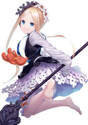  abigail_williams_(fate) abigail_williams_(festival_outfit)_(fate) bad_id bad_pixiv_id barefoot black_dress blonde_hair bloomers bow braid butterfly_hair_ornament closed_mouth commentary_request dress fate/grand_order fate_(series) female hair_ornament holding long_hair long_sleeves looking_at_viewer looking_to_the_side o_(rakkasei) official_alternate_costume orange_bow parted_bangs shirt sidelocks sleeveless sleeveless_dress sleeves_past_fingers sleeves_past_wrists smile soles solo stuffed_animal stuffed_toy suction_cups teddy_bear tentacle underwear very_long_hair white_bloomers white_shirt 