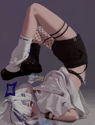  amane_kanata amane_kanata_(punk_rock) ankle_boots ankle_socks asymmetrical_legwear blue_hair boots casual female fishnet_pantyhose fishnets grey_hair hair_ornament hairclip halo highres hololive leg_warmers midriff mismatched_legwear multicolored_hair pantyhose purple_eyes scorpion_pose shirt short_hair_with_long_locks shorts single_fishnet_legwear single_leg_pantyhose single_leg_warmer single_sock socks socks_over_pantyhose solo star_halo streaked_hair t-shirt toraifu upside-down virtual_youtuber white_leg_warmers white_shirt 