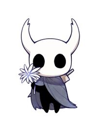  1other cloak commentary flower full_body grey_cloak holding holding_flower hollow_eyes hollow_knight horns knight_(hollow_knight) looking_at_viewer lowres nail_(hollow_knight) sharpened_nail_(hollow_knight) simple_background solo standing ugly_cat weapon white_background white_flower 