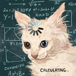  1:1 2023 ambiguous_gender black_text blue_eyes brown_eyes buffering catwheezie digital_media_(artwork) digital_painting_(artwork) domestic_cat english_text felid feline felis feral fluffy_fur fur handwritten_text heterochromia hi_res humor icon loading looking_away mammal math math_lady meme pink_nose reaction_image real_world solo text thinking white_body white_fur 