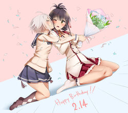  2girls 80mph ahoge argyle_clothes argyle_legwear arms_around_neck black_hair blush bouquet closed_eyes confetti dutch_angle flower folded_ponytail green_eyes hair_ornament hair_ribbon hairclip hands_on_own_chest happy_birthday itomi_sayaka kissing kneeling minoseki_gakuin_uniform multiple_girls one_eye_closed open_mouth renpu_girls_school_uniform ribbon school_uniform simple_background sitting socks toji_no_miko wariza white_hair yanase_mai yuri 