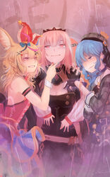  4girls animal_ears armlet belt black_coat black_gloves blonde_hair blue_eyes blue_hair blush bracelet breasts brooch cleavage coat commentary crazy_eyes cyasha earrings english_text finger_drag flat_chest fox_ears gloves grabbing grabbing_from_behind grin half-closed_eyes hand_on_another&#039;s_chest hand_on_another&#039;s_chin highres hololive hololive_english hoshimachi_suisei hoshimachi_suisei_(1st_costume) jewelry large_breasts lips long_hair looking_at_another looking_up messy_hair mori_calliope mori_calliope_(1st_costume) multicolored_nails multiple_girls nail_polish omaru_polka omaru_polka_(1st_costume) orange_hair partially_fingerless_gloves pink_background pink_hair plaid plaid_skirt possessive red_eyes ringlets shaded_face showgirl_skirt side_ponytail sidelocks signature skirt small_breasts smile stud_earrings takanashi_kiara tearing_up tiara translated veil virtual_youtuber wavy_hair white_background yandere yuri 