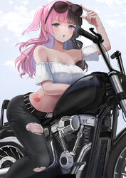  :o arched_back bandeau bare_shoulders belt black_belt black_hair black_pants blue_eyes blunt_bangs breasts crop_top detached_sleeves eyewear_on_head female heart highres iris_black_games large_breasts long_hair looking_at_viewer midriff motor_vehicle motorcycle multicolored_hair pants pink_hair ribbed_bandeau simple_background solo split-color_hair sthk straddling strapless sunglasses tachibana_hinano_(vtuber) torn_clothes tube_top two-tone_hair two_side_up virtual_youtuber vspo! white_background white_bandeau 