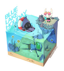  1other 2boys absurdres air_bubble armor artist_name bubble dated diorama dripping eating eyewear_on_head food goggles highres holding holding_food hollow_knight hood ice_cream jellyfish knight_(hollow_knight) leaf lifebuoy looking_at_another lying maga_(comicfans100) male_swimwear melting multiple_boys on_back popsicle quirrel rock sand shield shorts shoulder_armor splashing submerged sunglasses swim_ring swim_trunks swimming tiso topless_male underwater water 