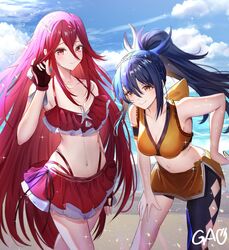  2girls alternate_costume artist_name bikini black_gloves black_hair blue_sky braid breasts brown_eyes cleavage closed_mouth cloud commentary_request commission cordelia_(fire_emblem) cordelia_(summer)_(fire_emblem) crown_braid day fingerless_gloves fire_emblem fire_emblem_awakening fire_emblem_fates fire_emblem_heroes gao_kawa gloves hair_between_eyes hair_ornament hand_on_own_hip highres long_hair medium_breasts multiple_girls navel oboro_(fire_emblem) official_alternate_costume orange_bikini outdoors ponytail red_bikini red_eyes red_hair sand skeb_commission sky small_breasts smile stomach swimsuit very_long_hair wing_hair_ornament yellow_bikini 