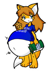  anthro barefoot belly big_belly canid canine clothed clothing cookie feet female food fox huge_belly inari_tai mammal pantsless pregnant pregnant_anthro pregnant_female saburox solo 