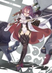  azur_lane breasts cape commentary_request covered_navel dual_wielding female fingerless_gloves full_body gloves highres holding horns izumo_(azur_lane) katana leotard long_hair looking_at_viewer madotsukumo medium_breasts oni purple_eyes purple_hair rigging sakura_empire_(emblem) sheath simple_background skin-covered_horns solo sword thighhighs tight_clothes tsundere weapon 