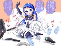  2girls abyssal_ship bandaid black_gloves black_thighhighs blue_eyes blue_hair colored_skin elbow_gloves gloves kantai_collection long_hair multiple_girls new_submarine_princess over_the_knee punishment samidare_(kancolle) school_uniform serafuku spanked spanking tenzui thighhighs translation_request very_long_hair white_hair white_serafuku white_skin 