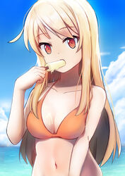  absurdres bikini blonde_hair blue_sky breasts cleavage cloud commentary_request day female food food_in_mouth hand_up highres kiniro_neko long_hair looking_at_viewer melting navel ocean orange_bikini outdoors popsicle red_eyes sakura-sou_no_pet_na_kanojo shiina_mashiro sky solo swimsuit upper_body 