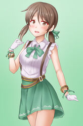  alternate_costume anti_(untea9) blush bracelet breasts brown_eyes brown_hair collared_shirt cosplay cowboy_shot female gloves gradient_background green_background green_ribbons green_skirt hair_between_eyes hair_ribbon highres jewelry kantai_collection lips looking_at_viewer low_twintails mejiro_dober_(umamusume) mejiro_dober_(umamusume)_(cosplay) open_mouth ribbon shirayuki_(kancolle) shirt short_twintails skirt small_breasts smile solo suspenders twintails umamusume white_gloves white_shirt 