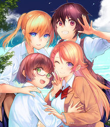  4girls amatani_mutsu blonde_hair blue_eyes blue_skirt bow bowtie brown_eyes brown_hair clothes_around_waist commentary_request day glasses green_eyes hair_ornament hairclip hand_on_another&#039;s_shoulder hug jacket jacket_around_waist kujou_shion long_hair looking_at_viewer miniskirt multiple_girls ocean official_art one_eye_closed onishima_homare open_mouth outdoors purple_eyes red-framed_eyewear sagara_riri school_uniform shirt short_hair skirt sleeves_rolled_up smile sounan_desuka? suzumori_asuka sweater_vest twintails v white_shirt 