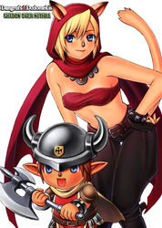  1boy :d adventurer_(ff11) animal_ears animal_nose axe bandeau bare_shoulders battle_axe belt black_gloves black_pants blonde_hair blue_eyes brand_name_imitation breasts brown_belt brown_hair cape cat_ears cat_girl cat_tail closed_mouth cosplay covered_nipples dimsdale dimsdale_(cosplay) dungeons_&amp;_dragons dungeons_&amp;_dragons:_shadow_over_mystara fake_horns female final_fantasy final_fantasy_xi fingerless_gloves gloves grey_headwear hair_between_eyes hand_on_own_hip helmet holding holding_axe hood hood_up horned_helmet horns medium_breasts midriff mithra_(ff11) moriah moriah_(cosplay) navel open_mouth pants pink_lips pointy_ears red_bandeau simple_background smile standing studded_gloves tail tail_raised taisai_soft tarutaru thigh_gap weapon white_background yellow_cape 