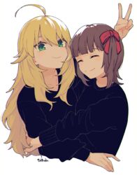  2girls absurdres ahoge amami_haruka artist_name black_shirt blonde_hair brown_hair closed_eyes closed_mouth commentary_request green_eyes hair_ribbon highres hoshii_miki hug ichiroku_(sakumogu-029) idolmaster idolmaster_(classic) long_hair long_sleeves looking_at_viewer multiple_girls red_ribbon ribbon shirt short_hair simple_background smile v white_background 