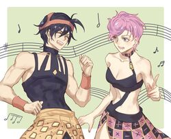  1boy bare_shoulders black_hair blue_eyes breasts choker cleavage clenched_hands closed_eyes commentary_request female grin hairband happy jojo_no_kimyou_na_bouken medium_breasts midriff musical_note narancia_ghirga open_mouth pink_hair pointing short_hair skirt smile staff_(music) trish_una vento_aureo wristband yepnean 