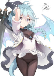  :o ahoge aliter arms_up ass_visible_through_thighs black_gloves blue_hair blue_wings braid breasts brown_pantyhose commentary covered_navel cowboy_shot dragon_girl dragon_tail dragon_wings dress elbow_gloves female fur-trimmed_gloves fur-trimmed_sleeves fur_trim gloves hair_between_eyes highres holding holding_sword holding_weapon jacket long_hair looking_at_viewer open_clothes open_jacket panties panties_under_pantyhose pantyhose parted_lips princess_connect! purple_eyes sheffy_(princess_connect!) short_sleeves signature simple_background single_braid small_breasts solo sword tail thigh_gap underwear v-shaped_eyebrows weapon white_background white_dress white_jacket wings 