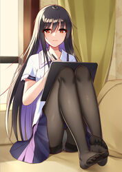  black_hair black_pantyhose commentary drawing drawing_tablet feet female flan_(seeyouflan) full_body legs long_hair looking_at_viewer no_shoes original panties panties_under_pantyhose pantyhose pillow skirt soles solo toes underwear white_panties yellow_eyes 