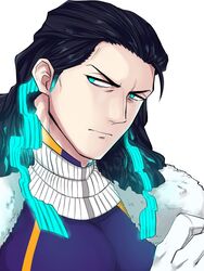  1boy 1hao_(@cerbero64) ahoge black_hair blue_eyes blue_hair commentary_request fate/grand_order fate_(series) gloves gradient_hair highres jacket long_hair looking_at_viewer male_focus mature_male multicolored_hair nikola_tesla_(fate) protected_link solo 