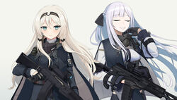  2girls ak-12 ak-12_(girls&#039;_frontline) an-94 an-94_(girls&#039;_frontline) assault_rifle black_gloves blonde_hair braid breasts closed_eyes dlarudgml21 french_braid girls&#039;_frontline gloves green_eyes grey_hair gun highres holding holding_gun holding_weapon kalashnikov_rifle korean_commentary long_hair long_sleeves magazine_(weapon) mask mask_around_neck medium_breasts multiple_girls reflex_sight rifle scope sidelocks tactical_clothes weapon 