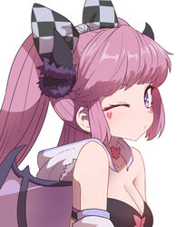  bad_id bad_pixiv_id bare_shoulders black_bow bow breasts checkered_bow checkered_clothes cleavage closed_mouth commentary_request detached_hood facial_mark female from_side hairbow heart heart-shaped_pupils hood hood_down horn_ornament horns looking_at_viewer looking_to_the_side medium_breasts megido72 one_eye_closed pink_hair purple_eyes simple_background solo succubus_(megido72) sumiyao_(amam) symbol-shaped_pupils twintails white_background wings 